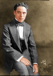 Charles Chaplin, c. 1915. Photo colorized by Robert M. Fells from a negative in his personal collection.