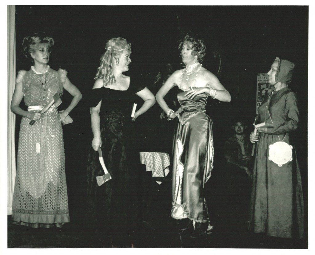 Miller (second from the left) in a production of the musical "Beautiful Downtown Burbank" at the Burbank Little Theater, 1969. "Mom played a not-quite-reformed streetwalker who fell in with a straight-laced reformer out to break every whiskey bottle in town (hence the hatchets!)," says Paziak. "My brother and I also had small parts in the show, and my dad did some of the set painting."